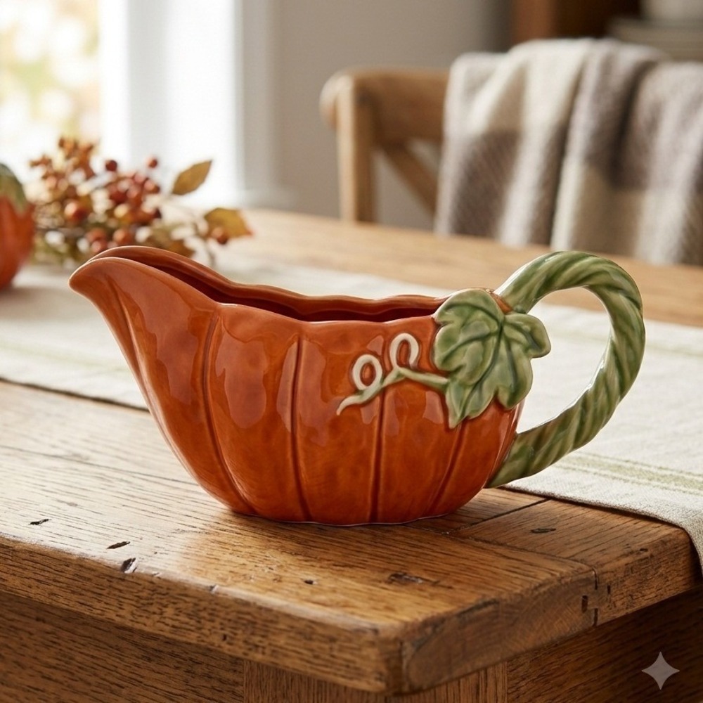 Vintage Celebrate Fall Together Orange Pumpkin Gravy Boat Ceramic Thanksgiving
